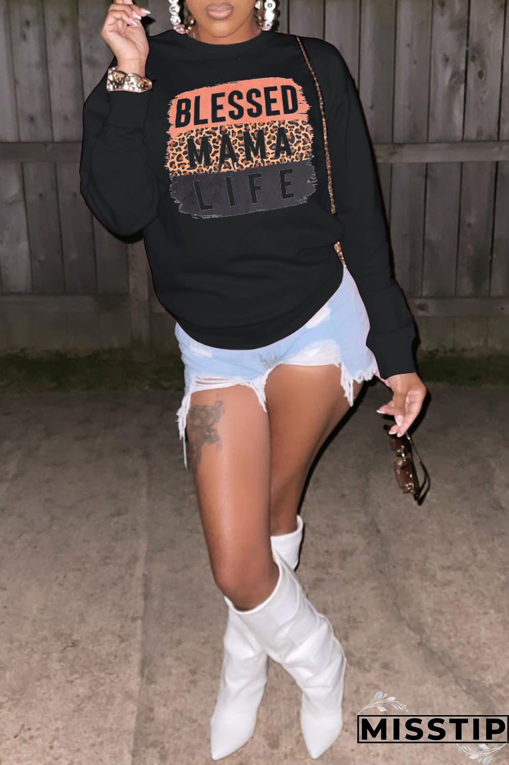 Grey Street Print Patchwork Letter O Neck Tops