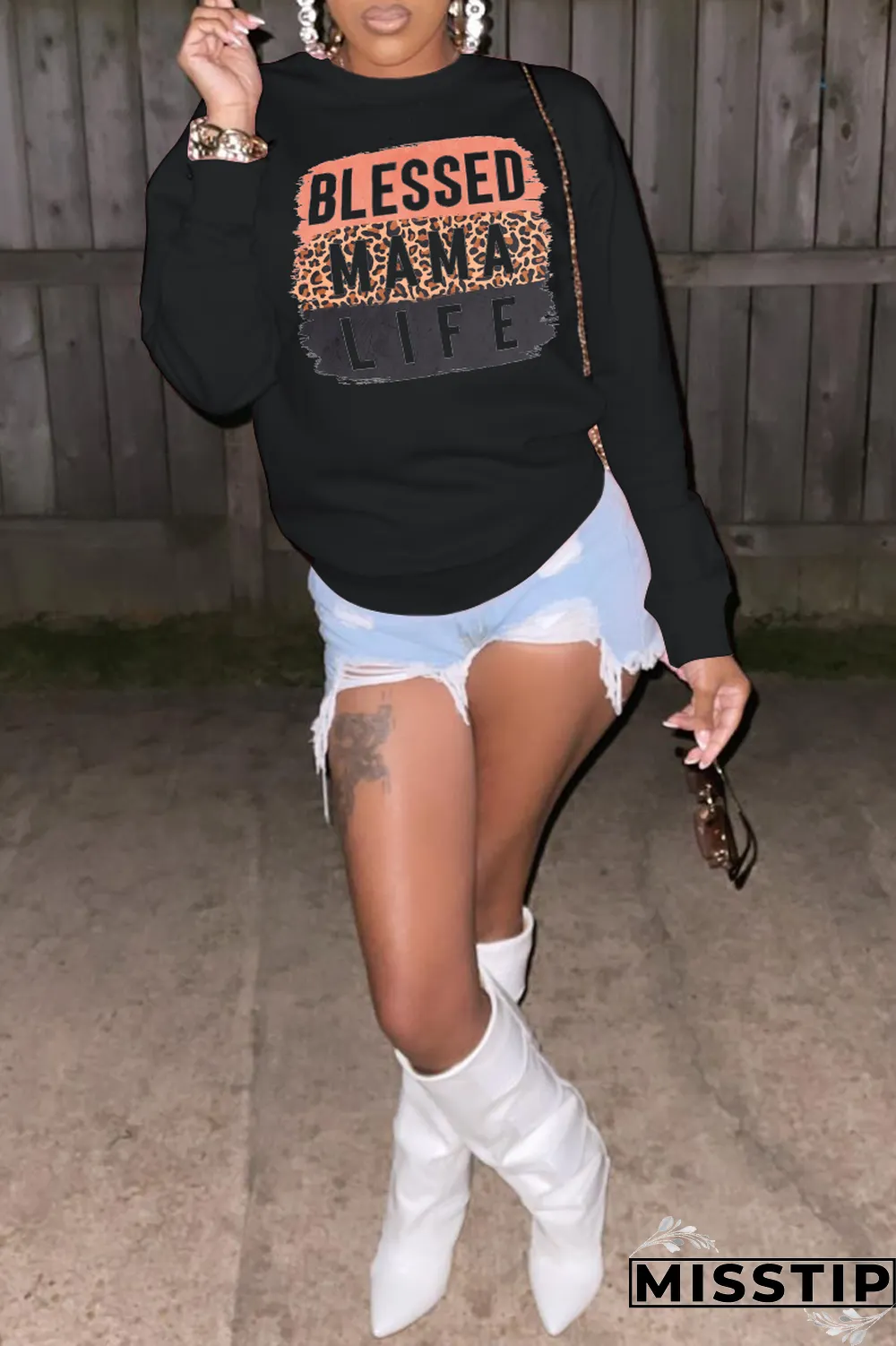 Grey Street Print Patchwork Letter O Neck Tops