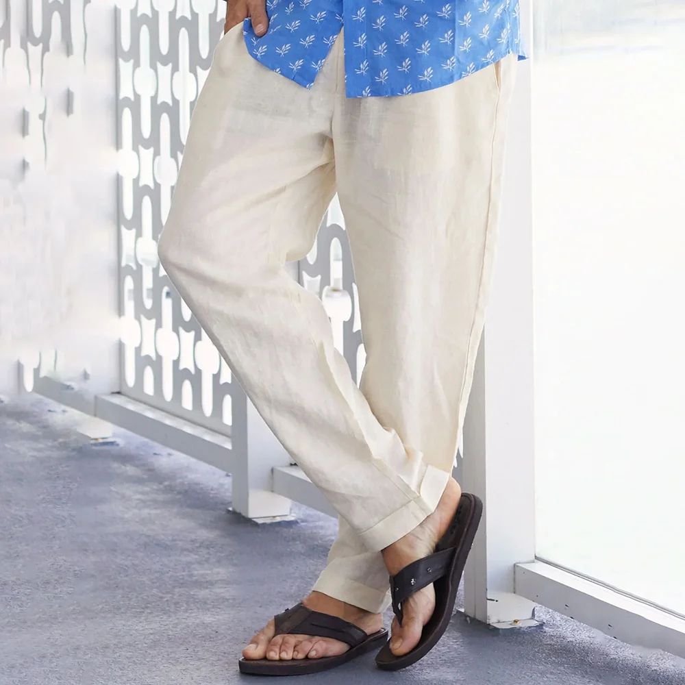 Men's Textured Linen Comfort Beach Trousers-inspireuse