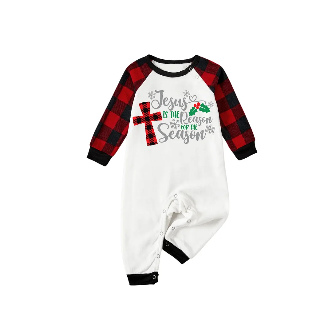 Christmas "Jesus is the Reason of the Season" Letter Print Patterned White Long Sleeve with Black&Red Plaid Pants Family Matching Pajamas