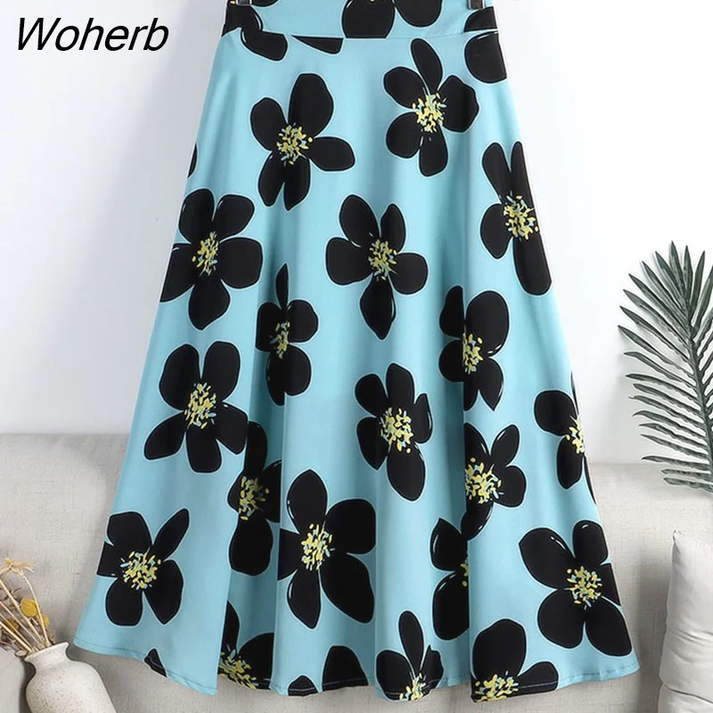 Woherb Spring Summer Floral Printed Tulle Mi-long Women Skirts New 2022 High Waist Loose Female Umbrella A-Line Skirts Ladies