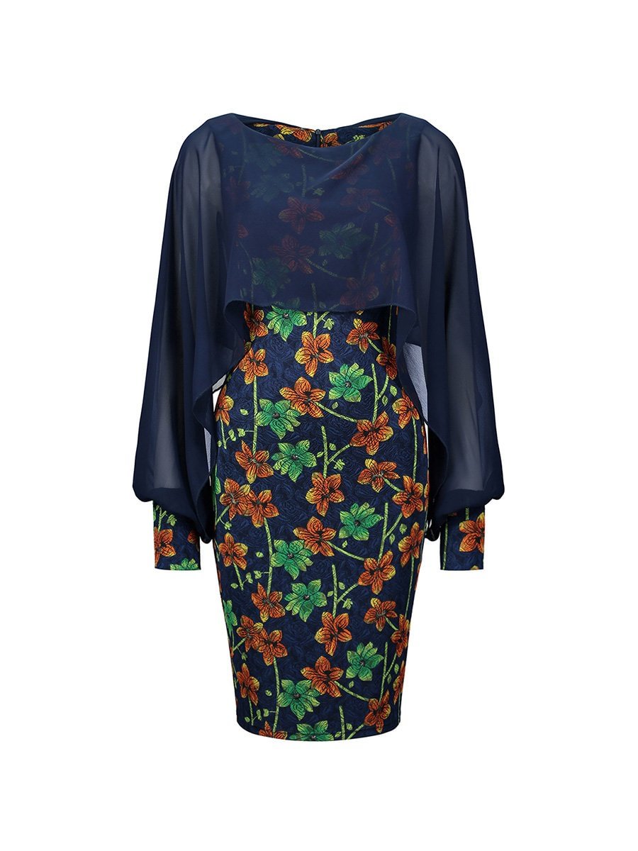 Pencil Dress Elegant Collar Irregular Ruffled Print Bodycon Dress