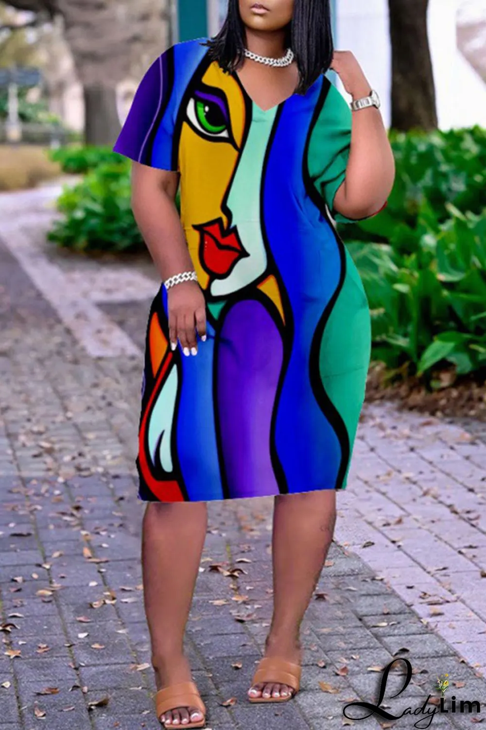 Purple Yellow Casual Print Split Joint V Neck Straight Dresses