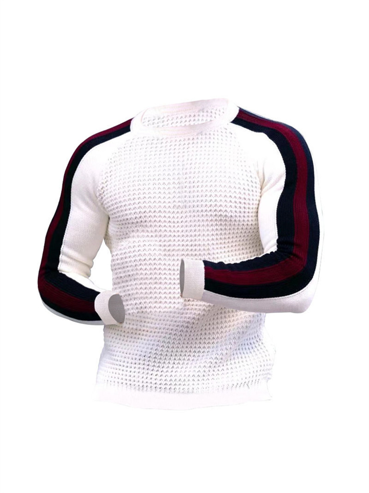 Athletic Casual Waffle Long-sleeved Round Neck Pullover Men's Collision Color Casual Loose Bottoming Knit Sweater Man