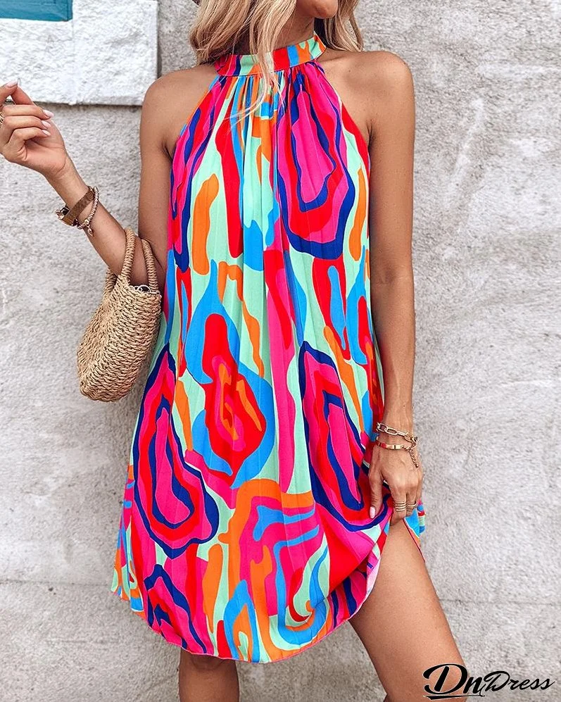 Abstract Print Sleeveless Pleated Casual Dress