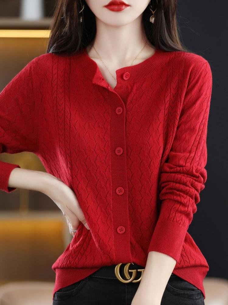 Women's Round Neck Button Hollow-Out Knitting Cardigan Jacket Sweater
