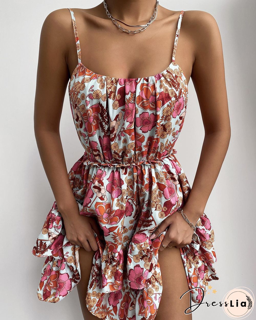 Floral Print Ruffle Hem Ruched Cami Dress