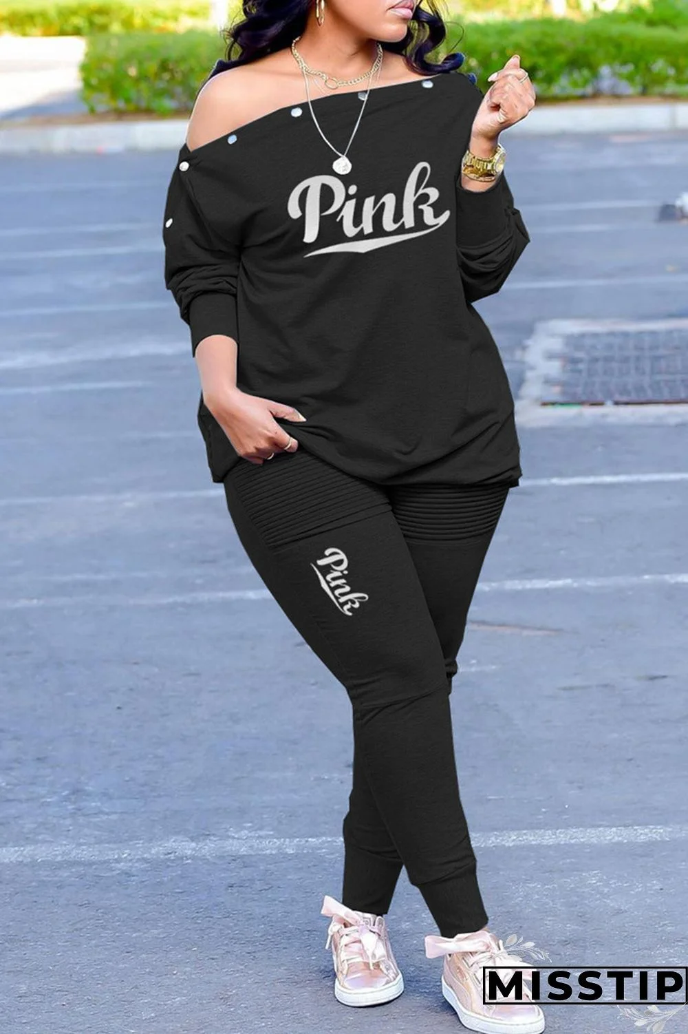 Green Fashion Casual Letter Print Basic Oblique Collar Long Sleeve Two Pieces