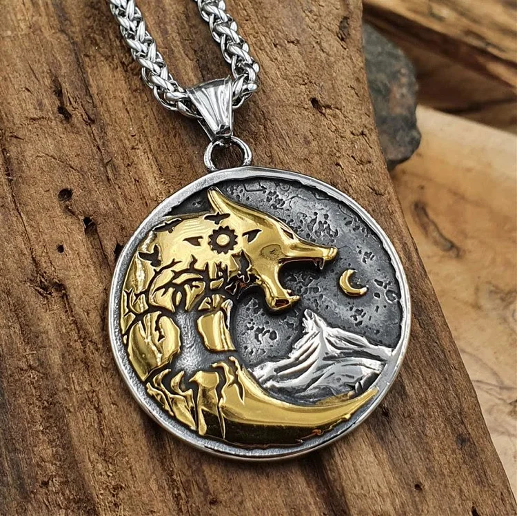 Coutureaura Wolf Head With Moon Night Rune Amulet Necklace