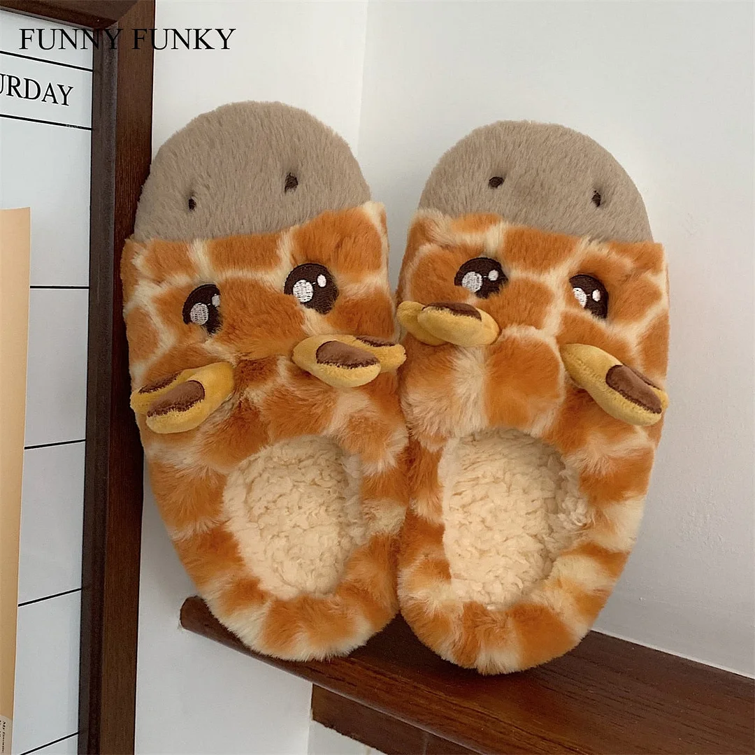 Funny Funky 2021 Womens' Slippers Fluffy Faux Fur Cartoon Giraffe Animal Slippers Antiskid Soft Plush Flats Woman Shoes