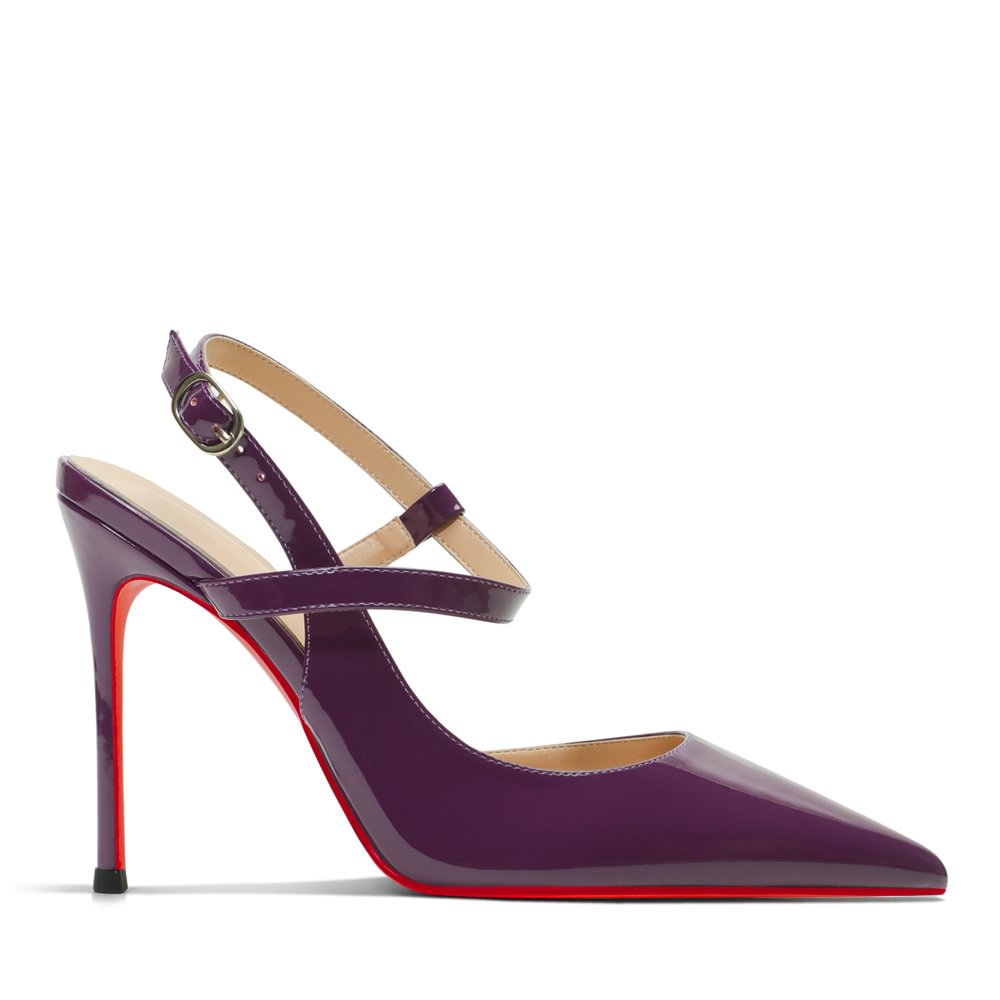 100mm Women Slingback Pumps Ankle Strap Jenlove Stiletto Mid Heel Close Pointed Toe Dress Red Bottoms Shoes-MERUMOTE