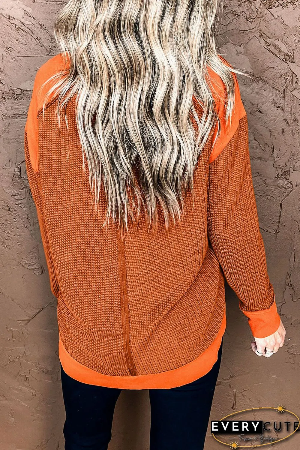 Orange Waffle Knit Patchwork V Neck Long Sleeve Top