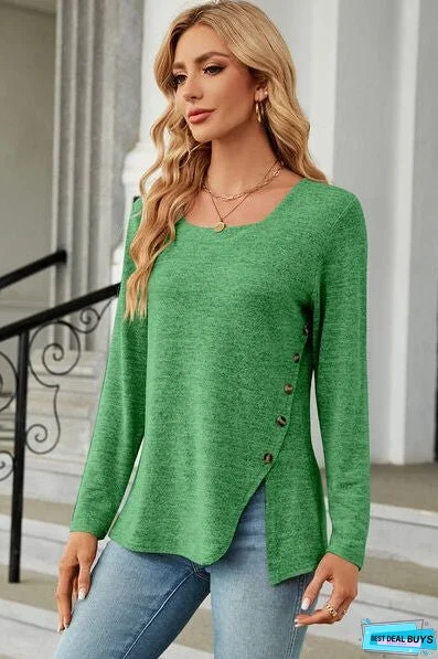 Slit Decorative Button Square Neck T-Shirt