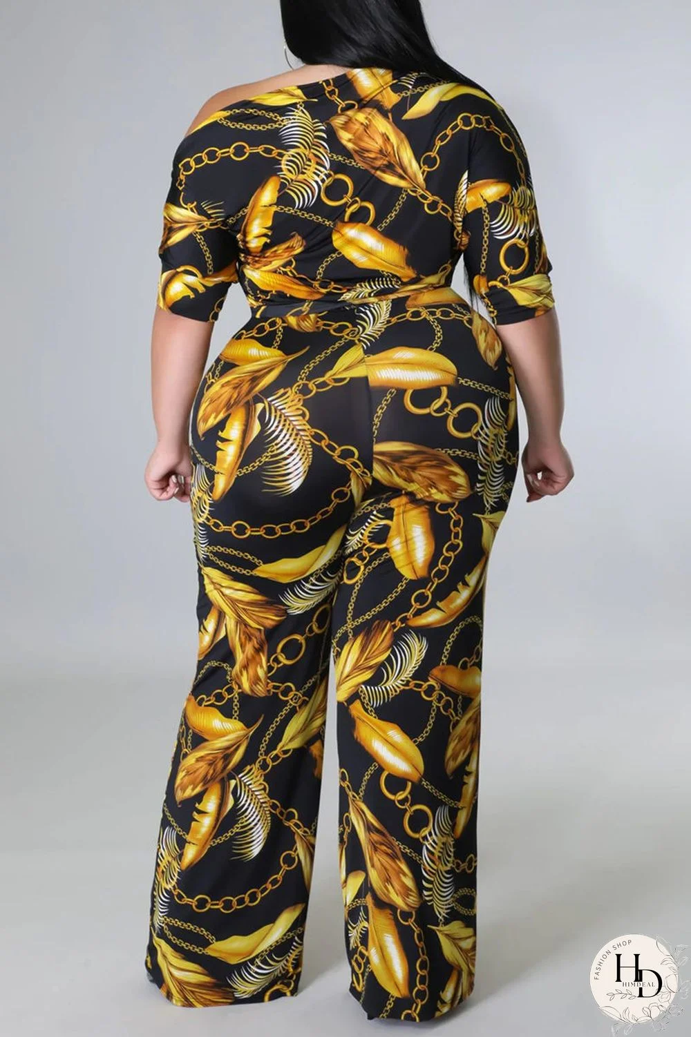 Black And White Fashion Casual Print Basic Oblique Collar Plus Size Jumpsuits