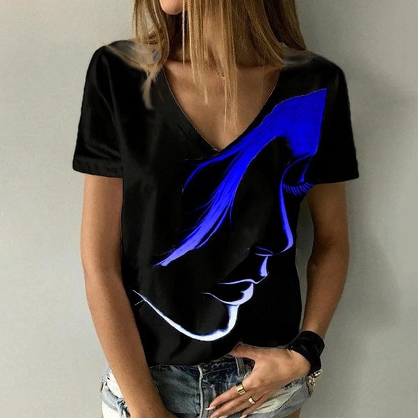 Summer Women Abstract Print Painting T-shirt Casual V Neck Tops New Female Casual Short Sleeves Plus Size Fational Shirts - Shop Trendy Women's Clothing | LoverChic