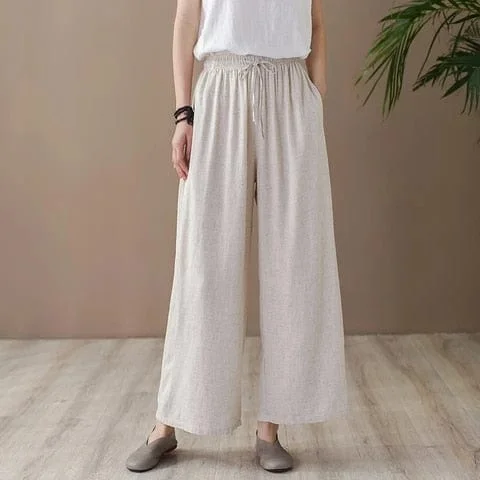 pornhint Pornhint 2023 Summer New Loose Plus Size Solid Color Pockets Elastic Waist Wide Leg Pants Women Ankle-length Cotton Linen Trousers Simple