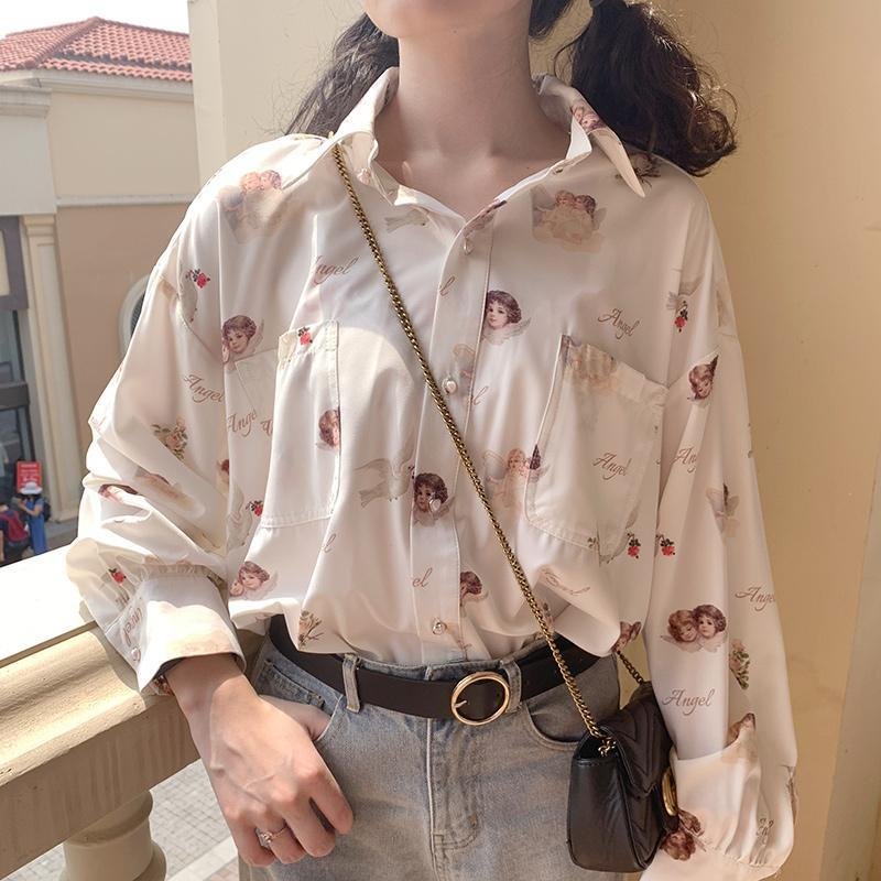 ANGEL PRINT LONG SLEEVE CHIFFON SHIRT