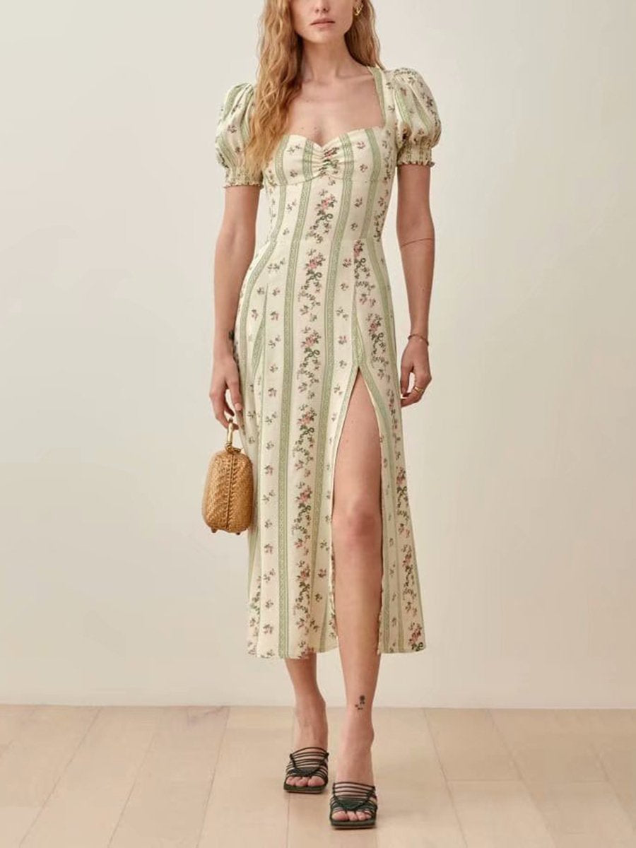 Sweetheart Collar Puff Sleeve Floral Pattern Midi Dress