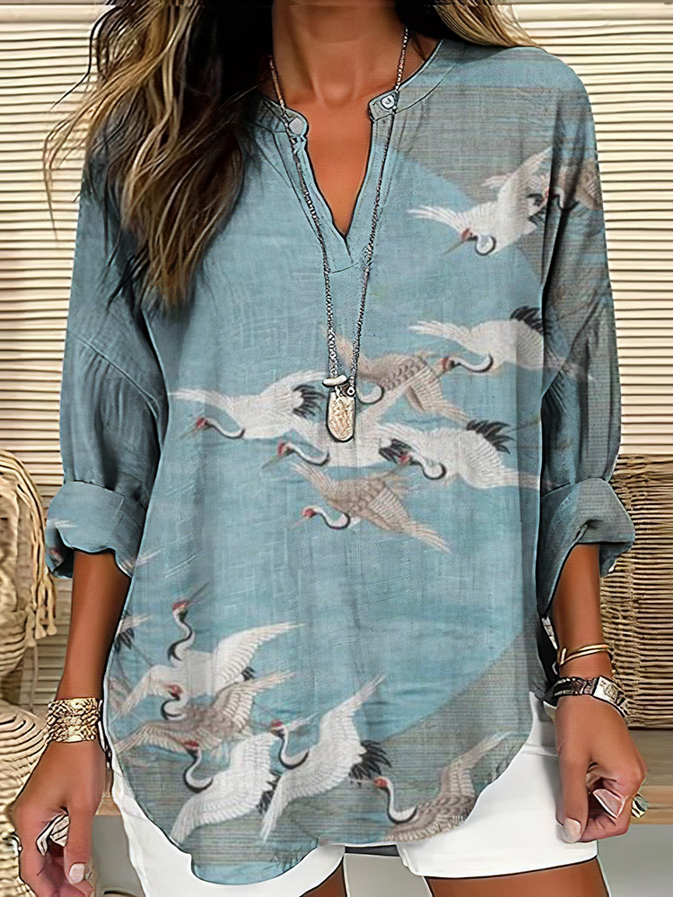 Comstylish Women's Japanese Art Crane V Neck Shirt