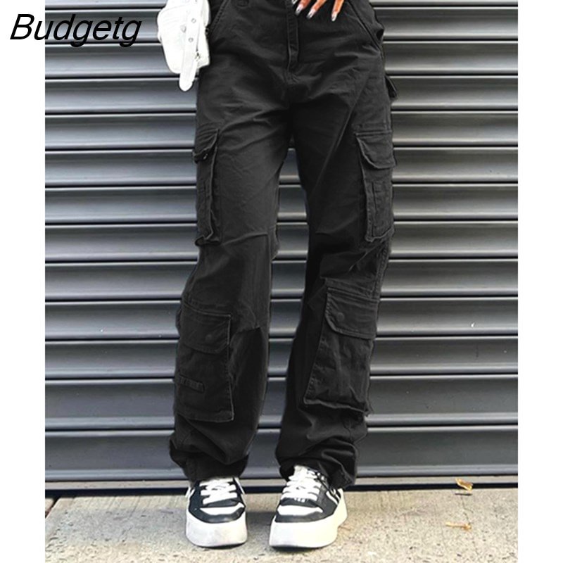 Budgetg Multi-Pockets Gray Streetwear Cargo Jeans Low Rise Denim Pants Women Aesthetic Vintage 90s Casual Black Straight Trousers