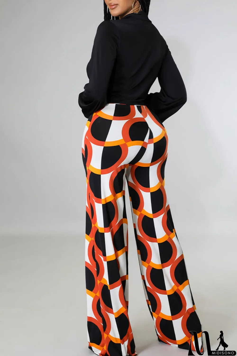 MidiSono - Black Casual Print Bandage Split Joint V Neck Long Sleeve Two Pieces