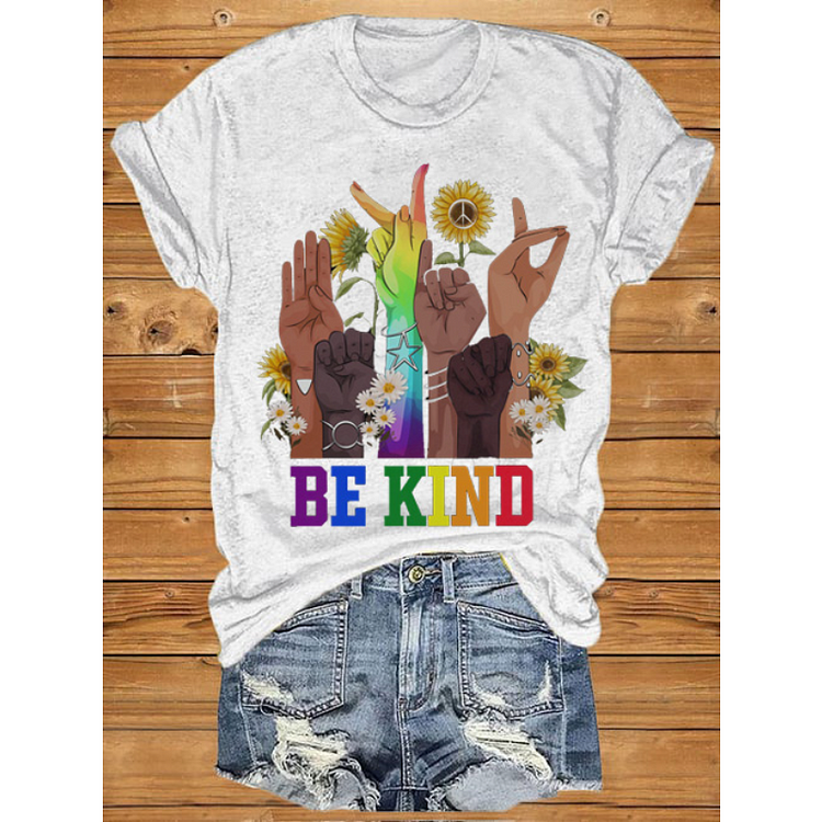 Women's BE KIND Hippie Print T-Shirt socialshop