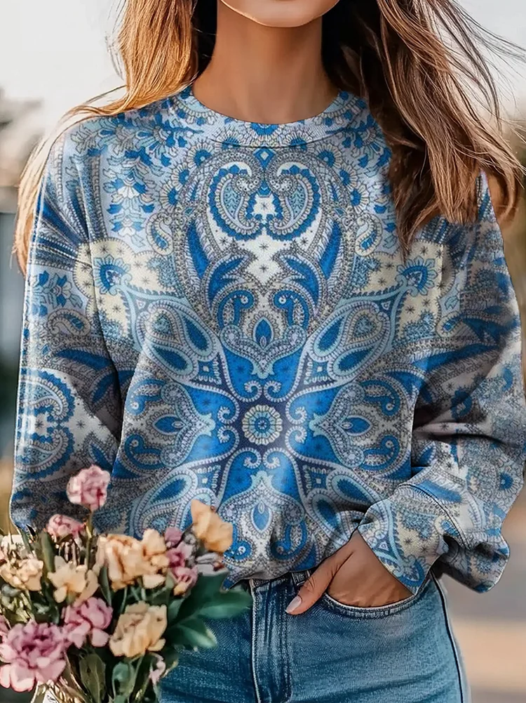 Women's Ethnic Art Patterns Print Casual Crew Neck Sweatshirt