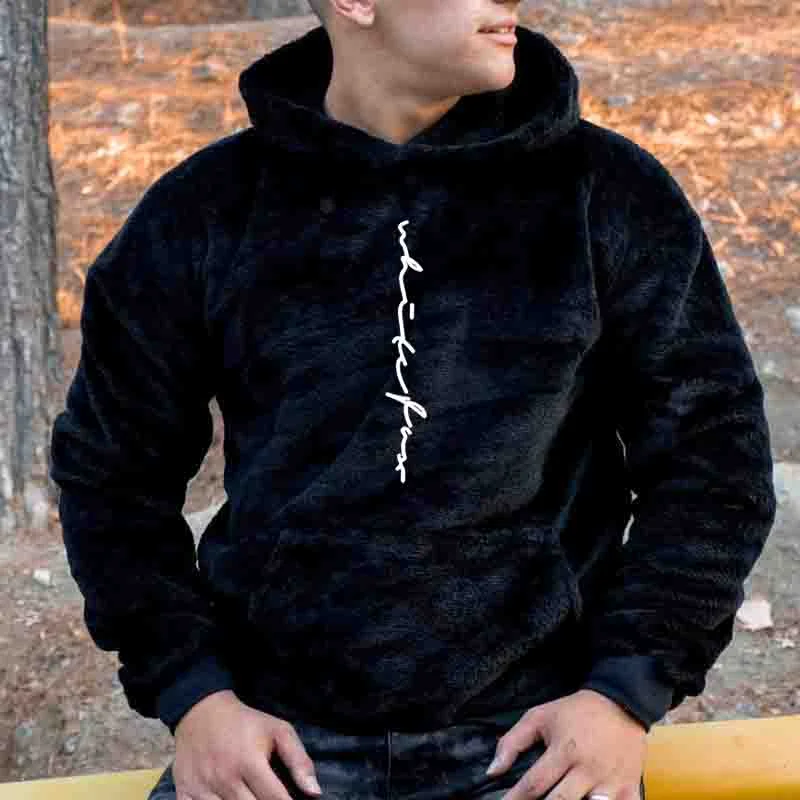 Men's Plush Warm Graphic Embroidery Hooded Sweatshirt