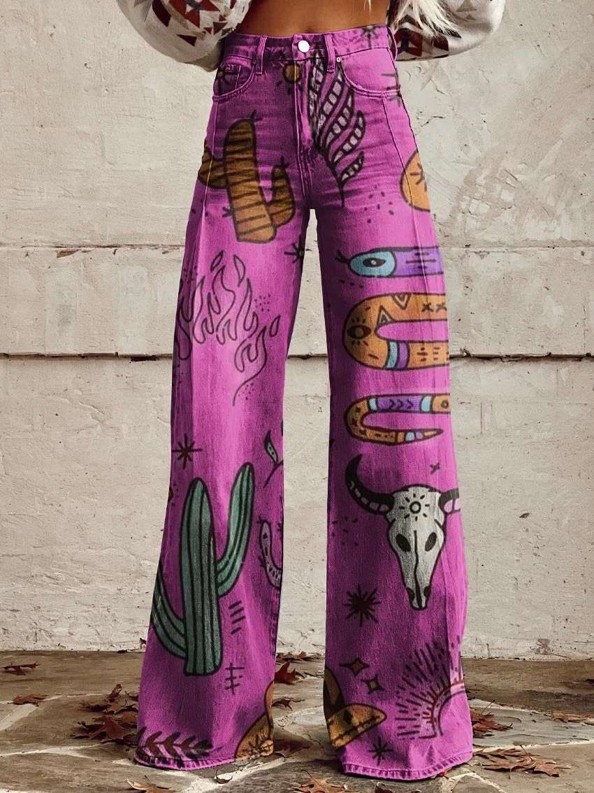 Women's Purple Western Element Print Casual Wide Leg Pants