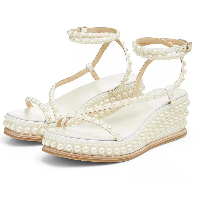 White Pearl Plaform Wedges Sandals Woman Open Toe Cross Strap High Heels Women Wedding Shoes