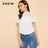 SHEIN White Lace Insert Flower Applique Keyhole Back Solid Top Blouse Women Office Lady Short Sleeve Summer Elegant Blouses