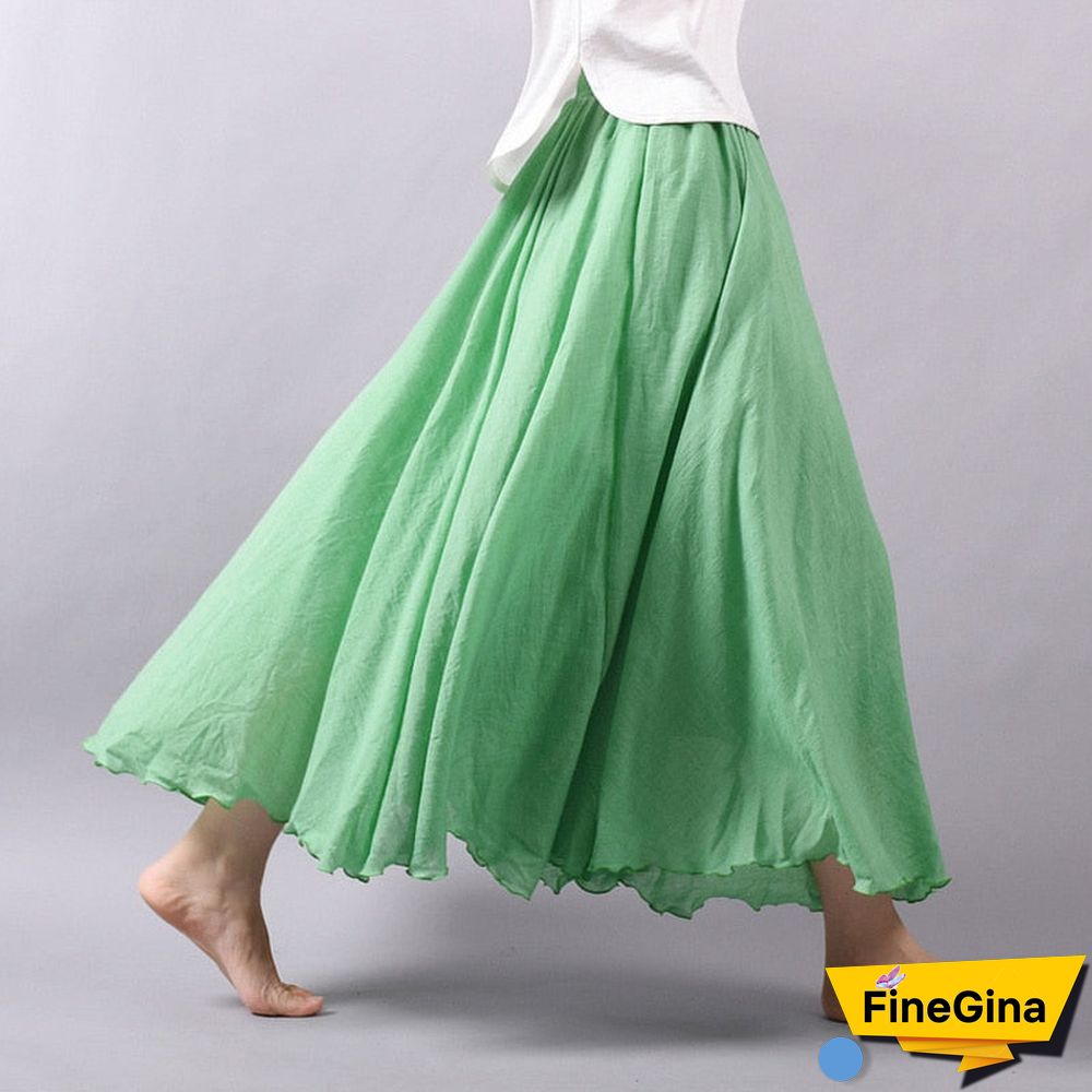 Women Linen Cotton Long Skirts Elastic Waist Pleated Maxi Skirts Beach Boho Vintage Summer Skirts Faldas Saia