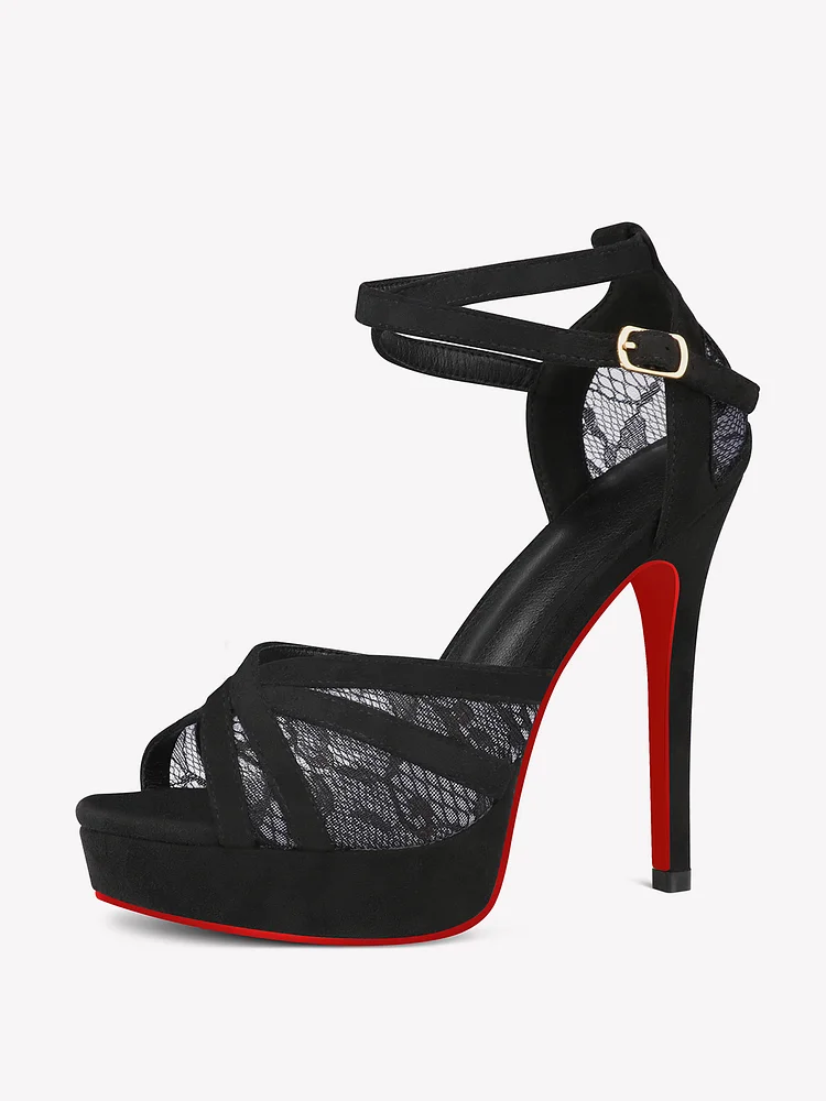 120mm Women's Open Toe Platform Ankle Strap High Heel Suede Sandals Red Bottom Shoes