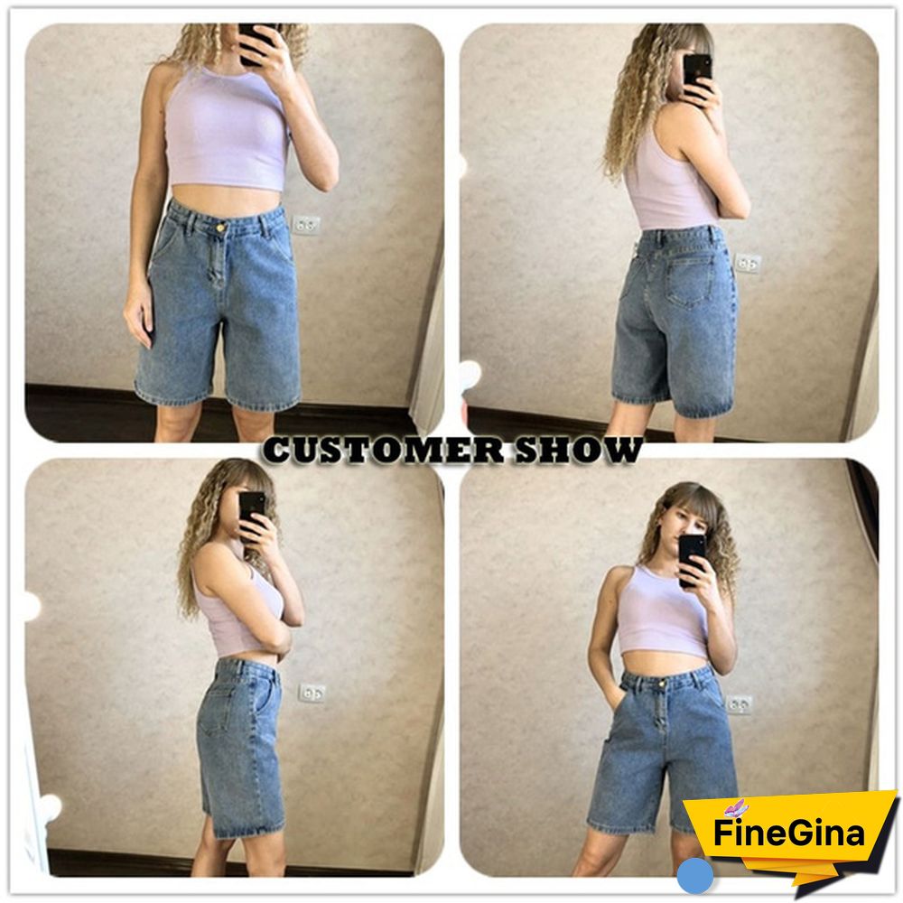 New Summer Women High Waist Wide Leg Black Denim Shorts Casual Female Loose Straight Button Jeans Bermuda Shorts