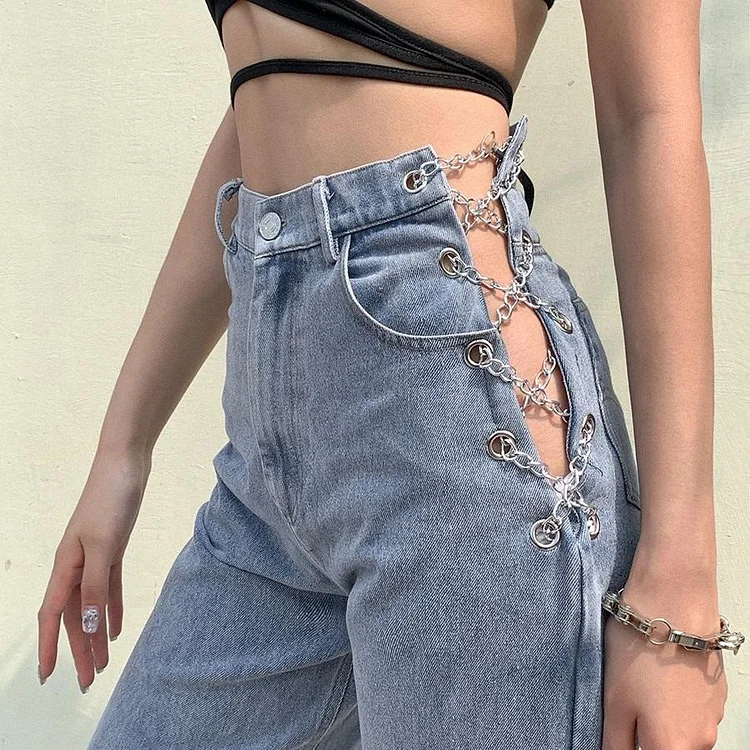 VINTAGE STYLE HOLLOW OUT CHAIN DESIGN JEANS V119