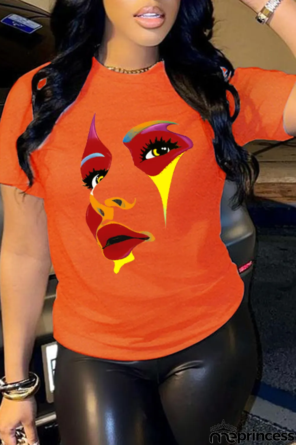 Black Street Print Patchwork O Neck T-Shirts