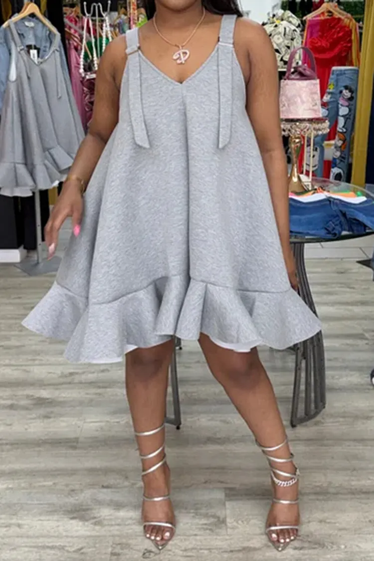 Plus Size Party Grey V Neck Ruffle Mini Dresses [Pre-Order] 2024 - Xpluswear