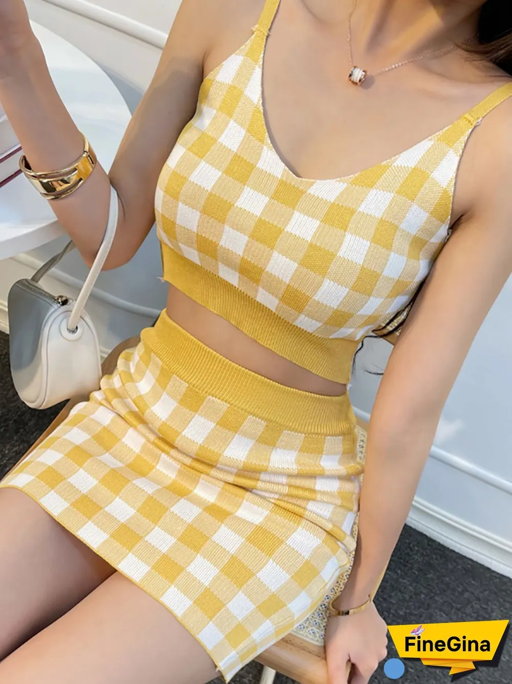Heliar Women Plaid Crop Top And Mini Skirts Outfits Cute Skirt Sets For Women Tank Tops Two Piece Sets Beach Women Summer