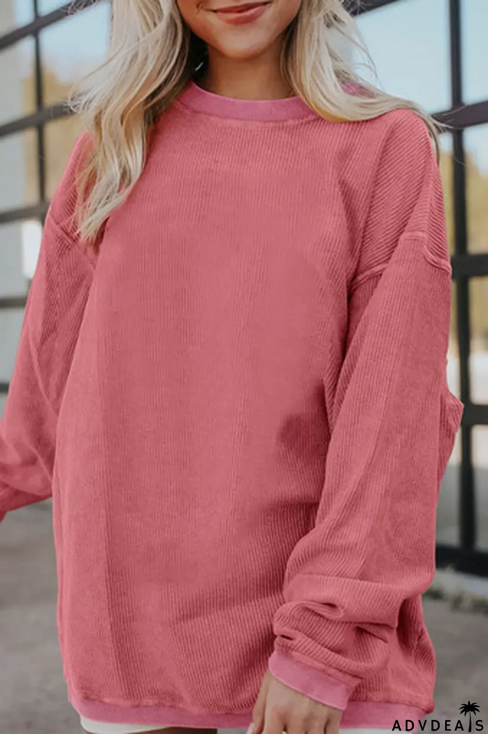 Strawberry Pink Ribbed Corded Oversized Sweatshirt