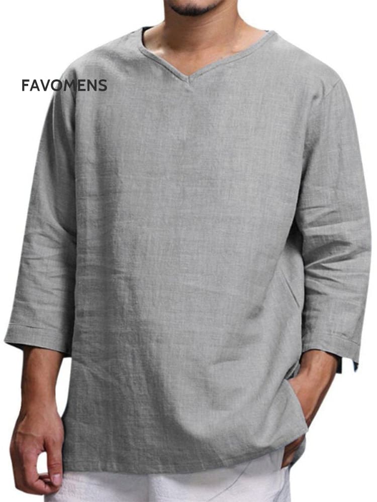 Men’s Round Neck Solid Color Long Sleeve Cotton Linen T-Shirt Grey / M