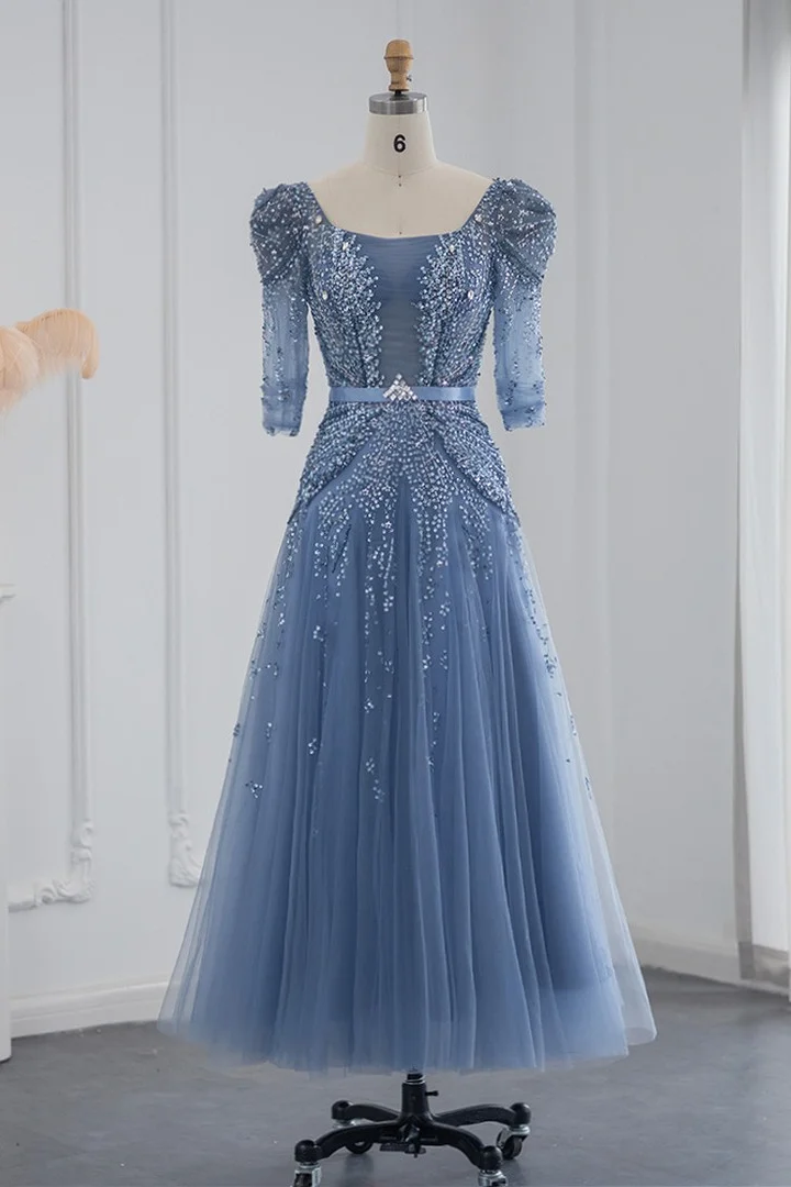 Daisda Blue Square Collar A Line Tulle Evening Dress Floor Length With Appliques