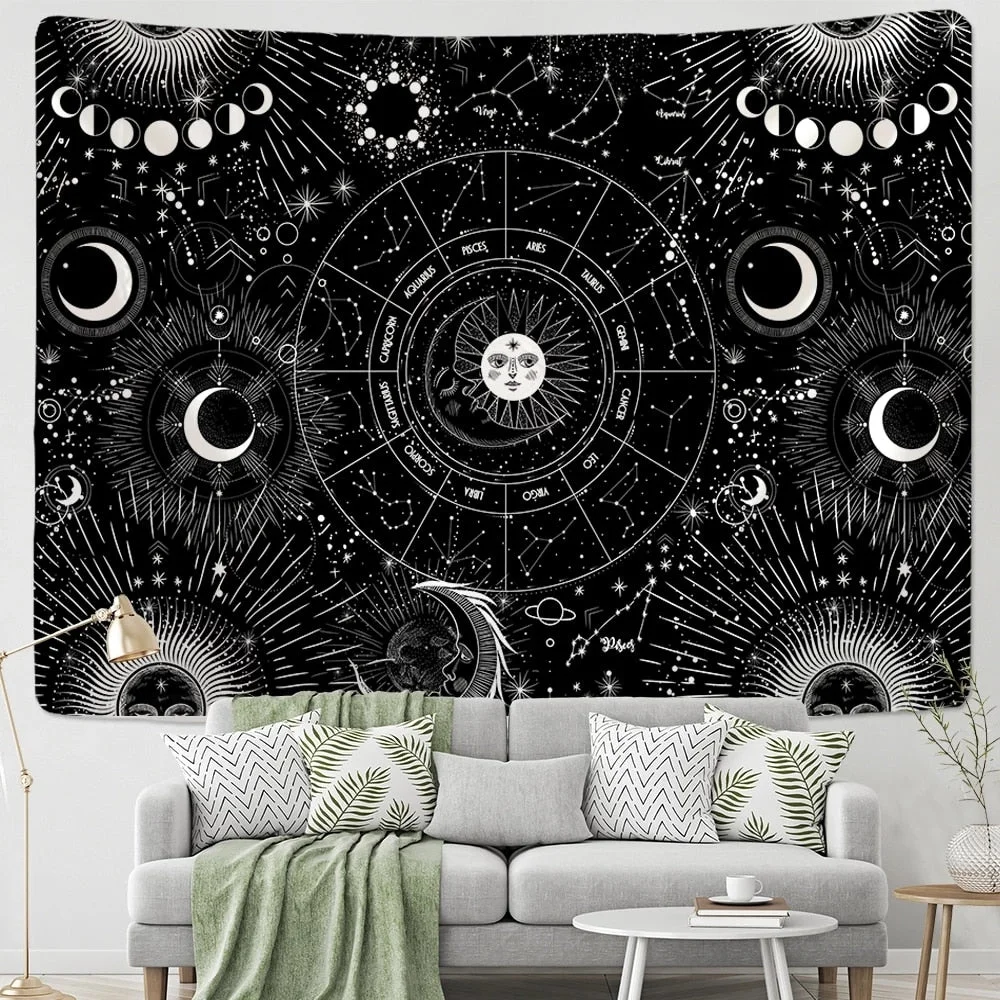 Sun Moon Mandala Starry Sky Tapestry White Black Wall Hanging Bohemian Gypsy Psychedelic Tapiz Witchcraft Astrology Tapestry