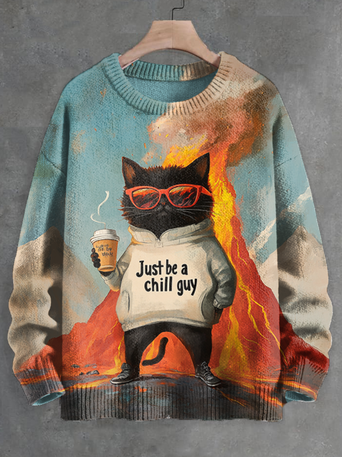 Men's Just Be A Chill Guy Black Cat Holding A Cup Of Coffee Art Print Knit Sweatshirt