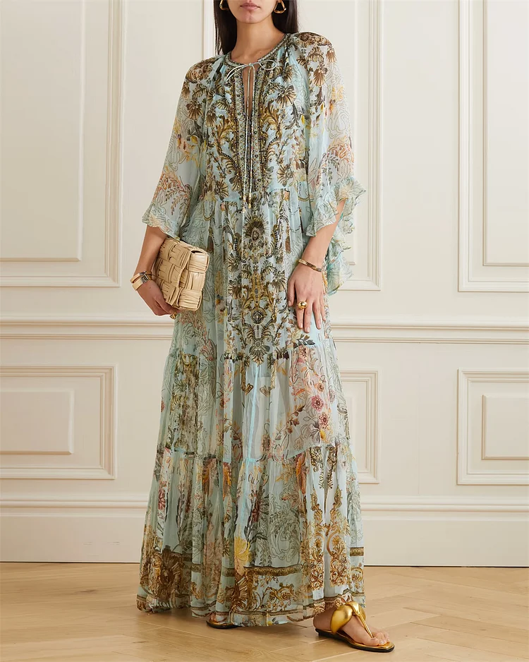 Women's Lace Chiffon Print Ruffle Dress
