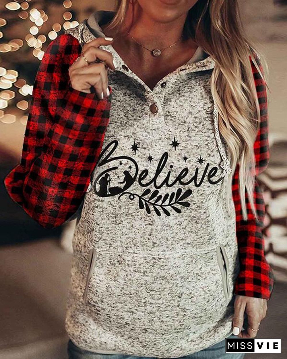Women's Christmas Print Plaid Sleeve Sweatshirt