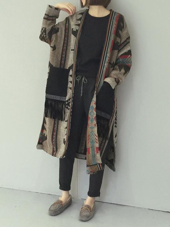 Mayoulove Women ethnic style  split coat with pockets-Mayoulove