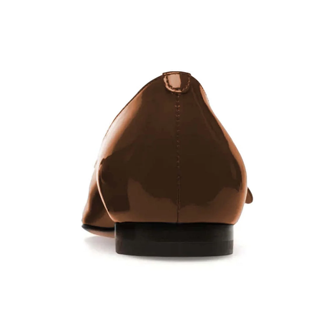 Casual Brown Patent Leather Square Toe Flats with Vamp Strap