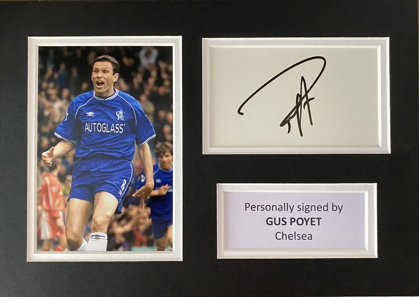 Gus Poyet Hand Signed White Card In A4 Chelsea Mount Display