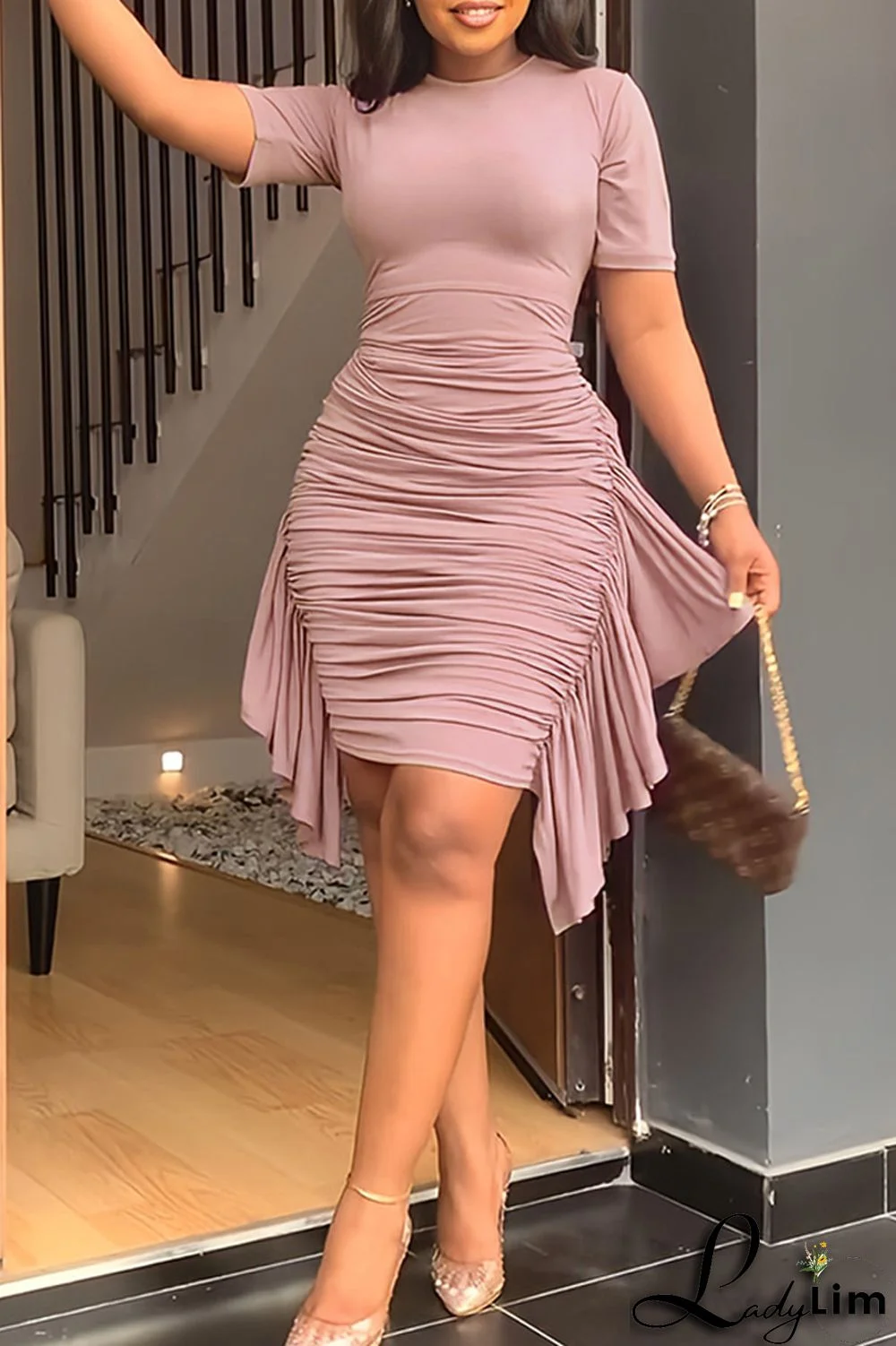 Pink Fashion Casual Solid Patchwork Fold O Neck Short Sleeve Dress