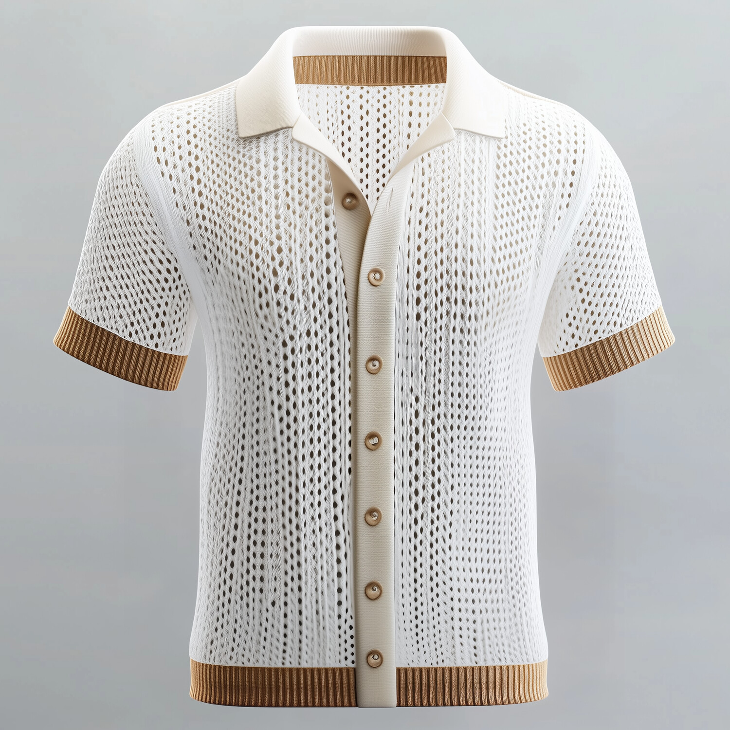Men's Crochet Knit Hollow Out Colorblock Short Sleeve Shirt